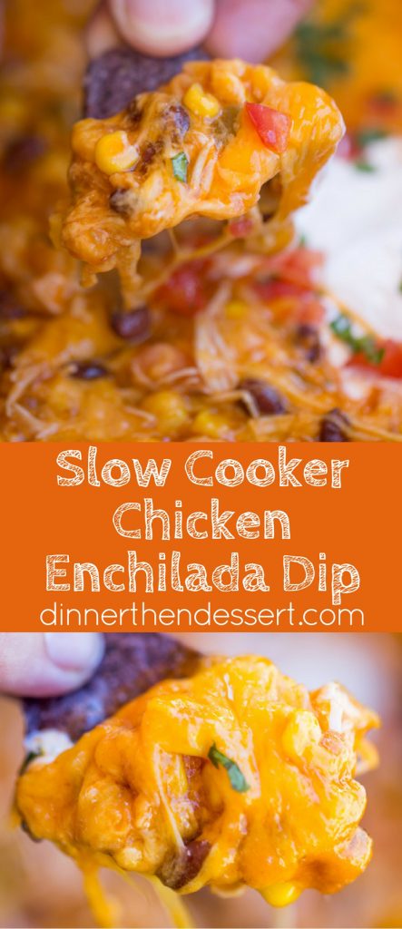 Slow Cooker Chicken Enchilada Dip takes just five minutes of prep with raw chicken, enchilada sauce and veggies topped with a bunch of deliciously melty cheddar cheese.