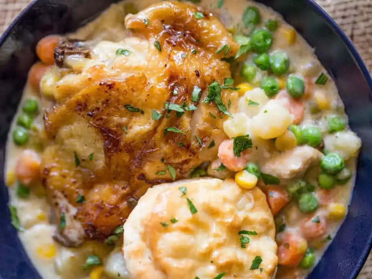 bowl of chicken and veggies with a biscuit 