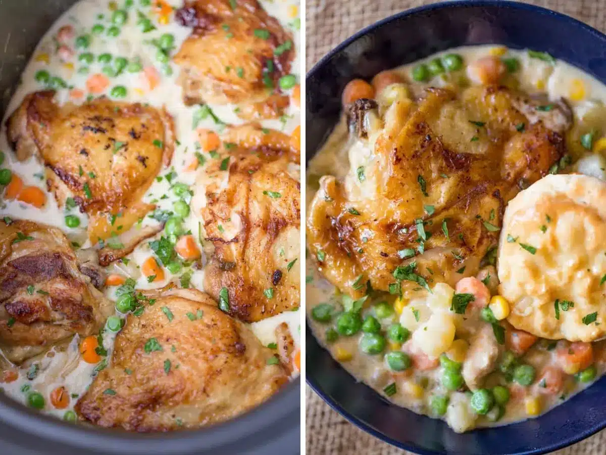 collage of chicken in a slow cooker and finished dish 