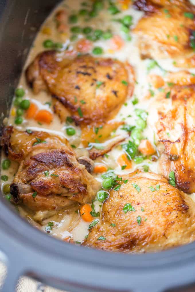 Slow Cooker Crispy Chicken Pot Pie with crispy chicken thighs and your favorite pot pie vegetables is the perfect fall meal with just a few minutes of prep.