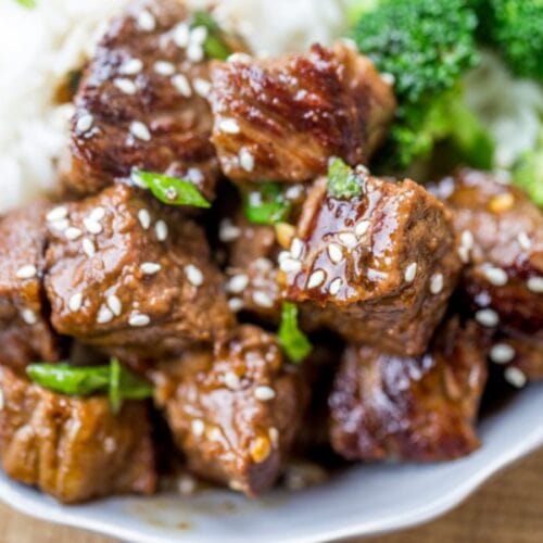 Korean-style beef on plate with rice and broccoli 4x3