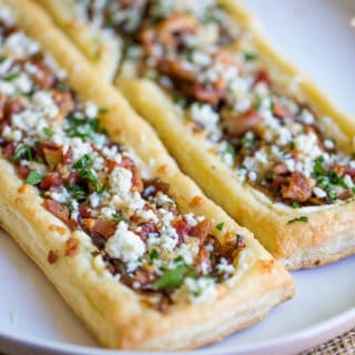 Bacon Blue Cheese Caramelized Onion Tart with just five ingredients total, it is the perfect easy appetizer for a party that can be prepped and frozen ahead of time so you can just bake right before your party!