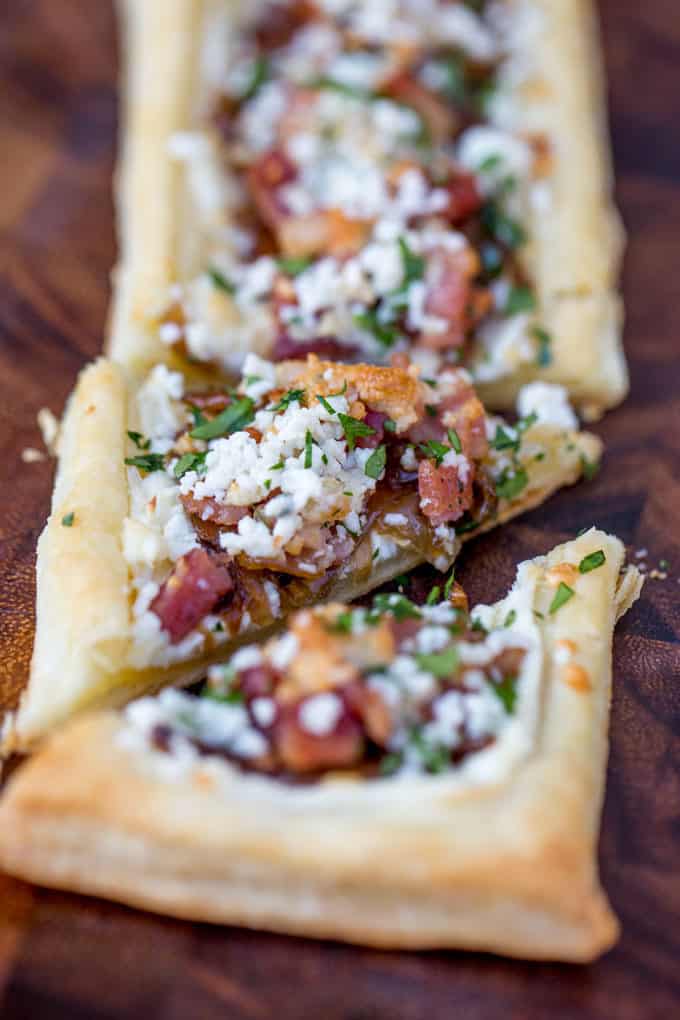 Bacon Blue Cheese Caramelized Onion Tart with just five ingredients total, it is the perfect easy appetizer for a party that can be prepped and frozen ahead of time so you can just bake right before your party!