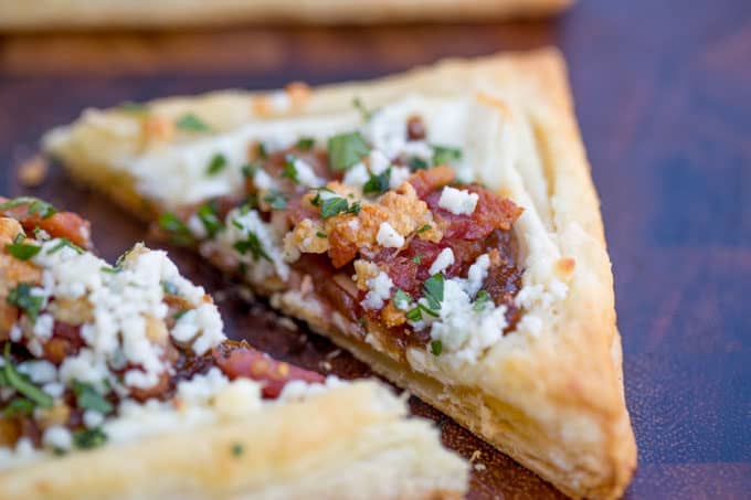 Bacon Blue Cheese Caramelized Onion Tart with just five ingredients total, it is the perfect easy appetizer for a party that can be prepped and frozen ahead of time so you can just bake right before your party!