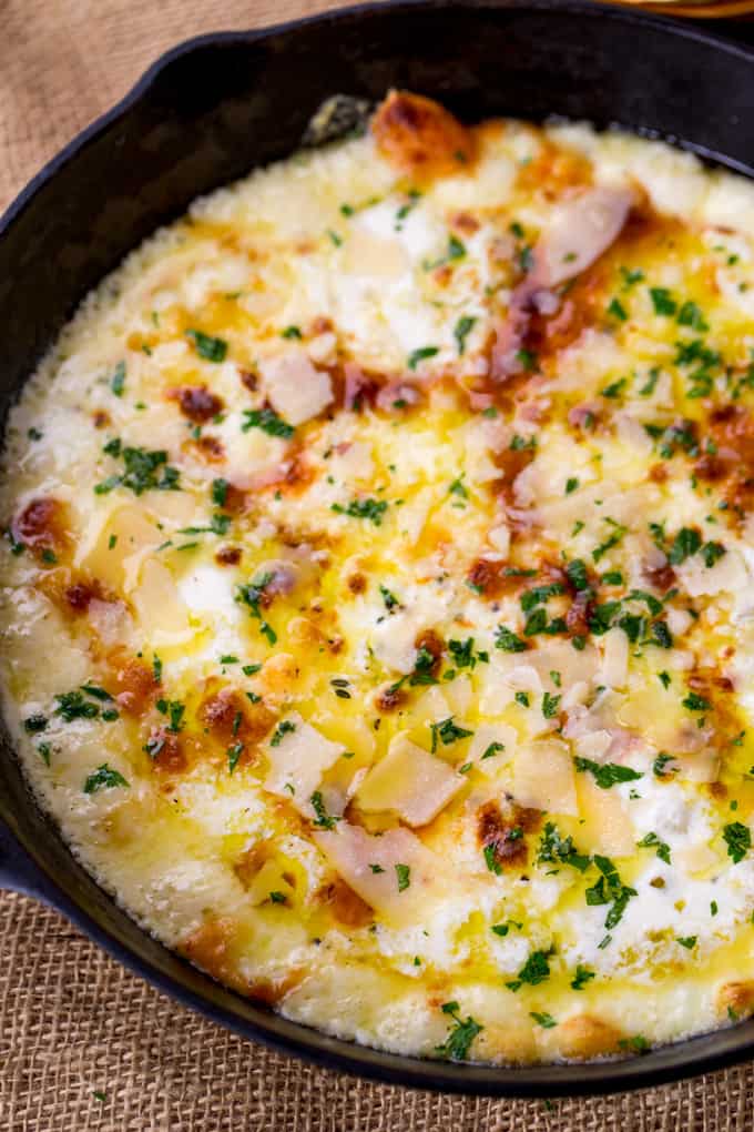 Passe de Queijo Fontina no forno inspirado no Ina Garten com alho e tomilho amputados com a adição de mozzarella fresca e Parmesão é o aperitivo perfeito.