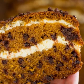 Chocolate Chip Pumpkin Cream Cheese Bread is all the comforts of pumpkin cake, chocolate and cheesecake all rolled into one delicious pound cake.