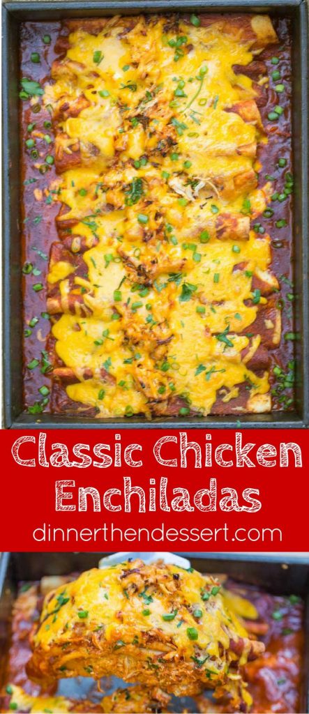 Classic Chicken Enchiladas made with homemade enchilada sauce, shredded chicken, cheddar cheese and a creamy sour cream sauce makes the perfect weeknight dinner.