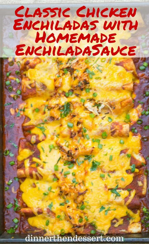 Classic Chicken Enchiladas made with homemade enchilada sauce, shredded chicken, cheddar cheese and a creamy sour cream sauce makes the perfect weeknight dinner.