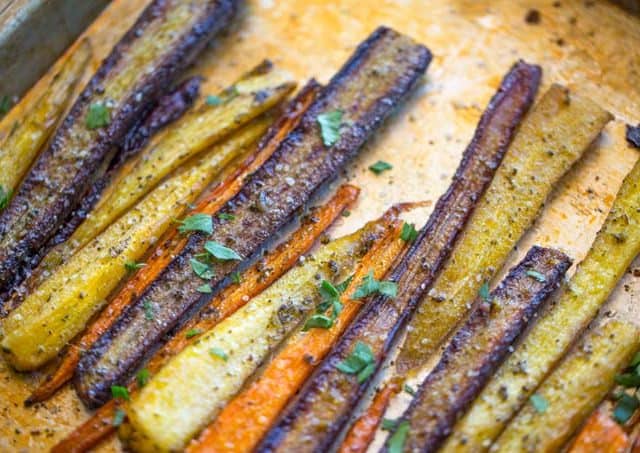 Garlic Butter Roasted Carrots on baking pan