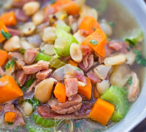Slow-cooked ham and bean soup with tender vegetables.