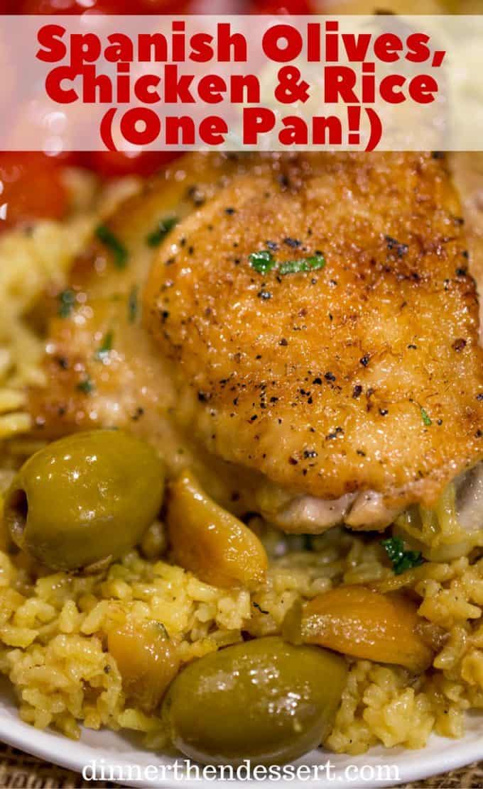 Juicy chicken over saffron rice with olives.