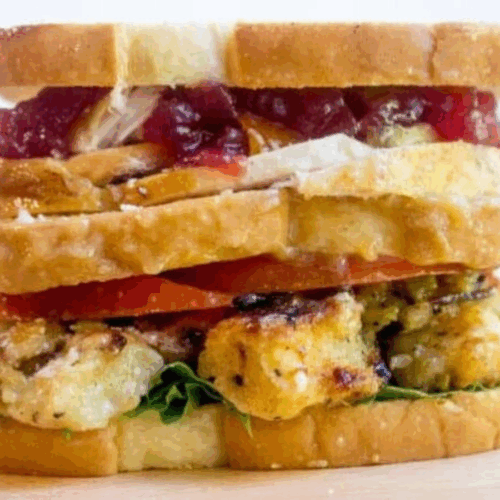 Thanksgiving leftovers made into a sandwich