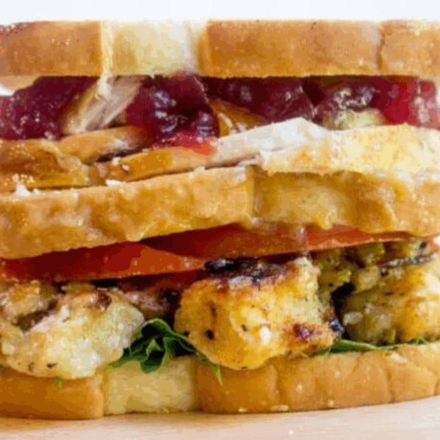 Thanksgiving leftovers made into a sandwich