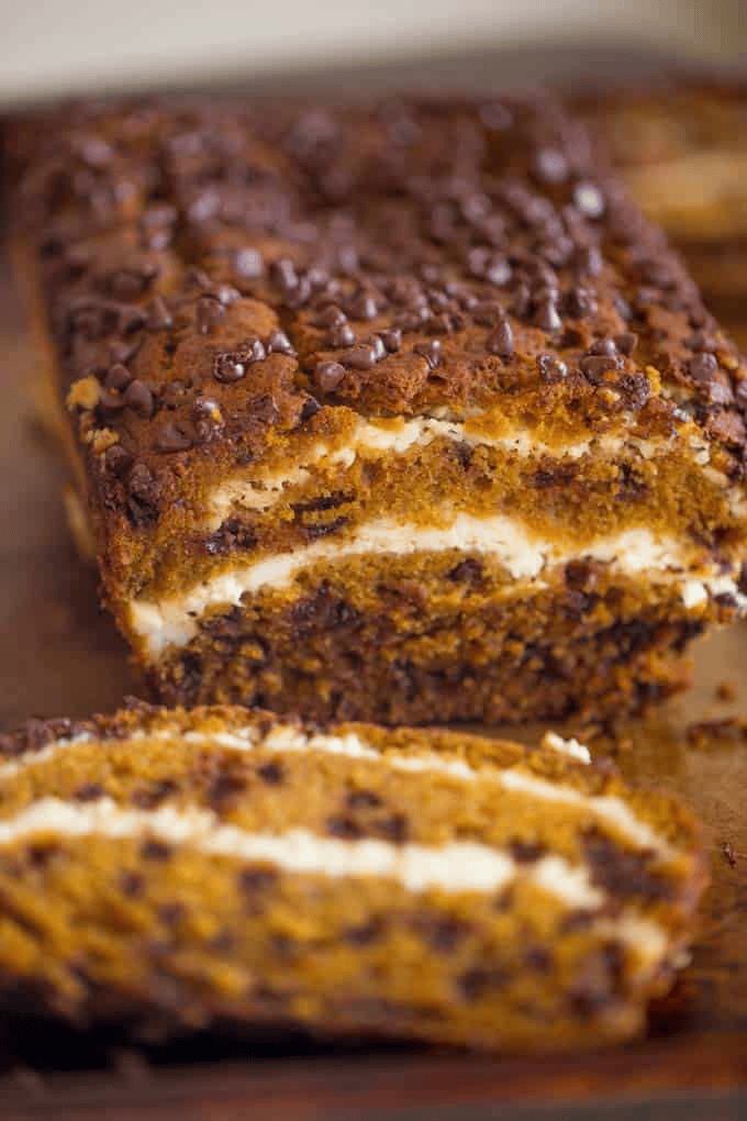 pumpkin loaf cake with one piece sliced