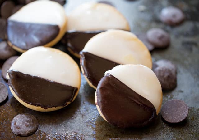 Soft cookies with half vanilla, half chocolate glossy glaze.