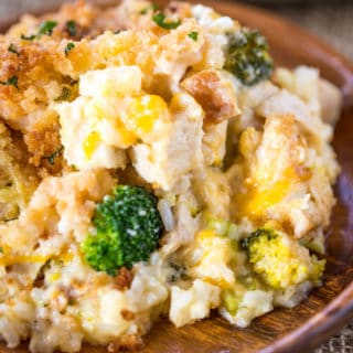 Cheesy Chicken Broccoli Rice Casserole with no canned products is the perfect one pan meal with a creamy sauce and crispy topping your whole family will enjoy.