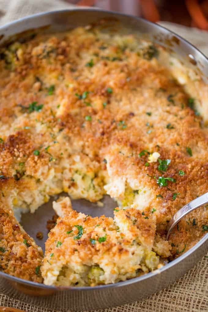 serving chicken broccoli rice casserole out of baking dish