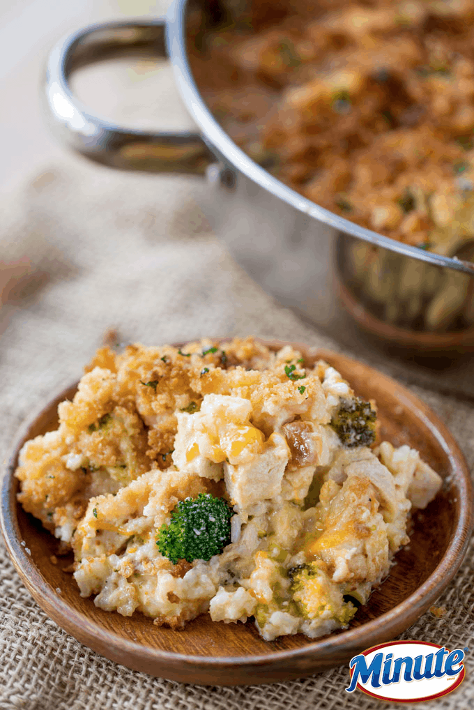Cheesy Chicken Broccoli Rice Casserole in serving bowl