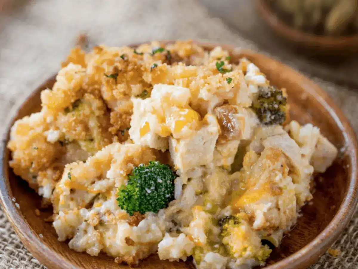 Top view of chicken rice and broccoli served on plate
