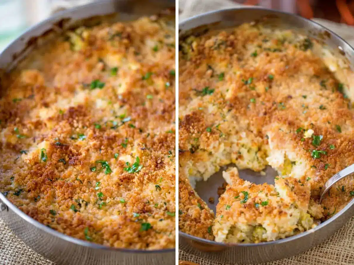 Collage of casserole in baking dish and being scooped to serve