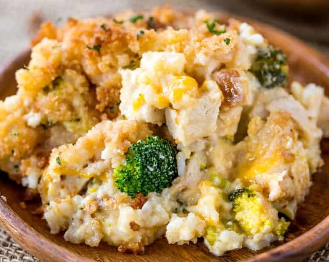 Cheesy Chicken Broccoli Rice Casserole with no canned products is the perfect one pan meal with a creamy sauce and crispy topping your whole family will enjoy.