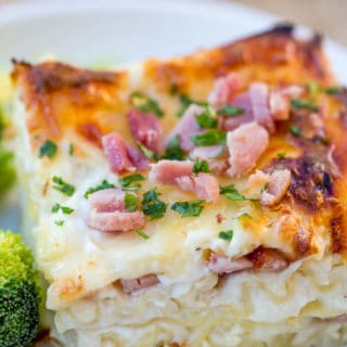 Chicken Cordon Bleu Lasagna made with Ham, Chicken, Swiss and Mozzarella cheeses is the perfect comforting meal to make with your leftover holiday hams!