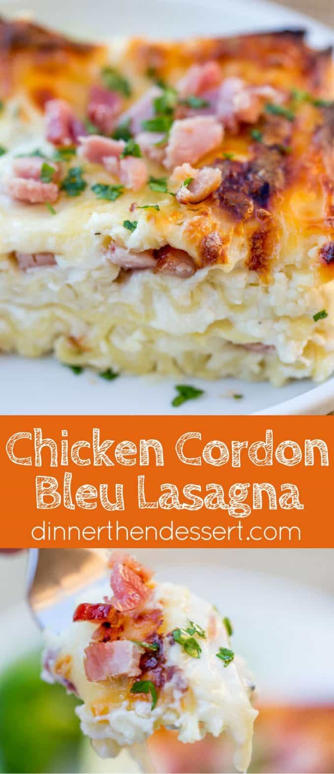 Collage of ham lasagna served on a plate and a forkful