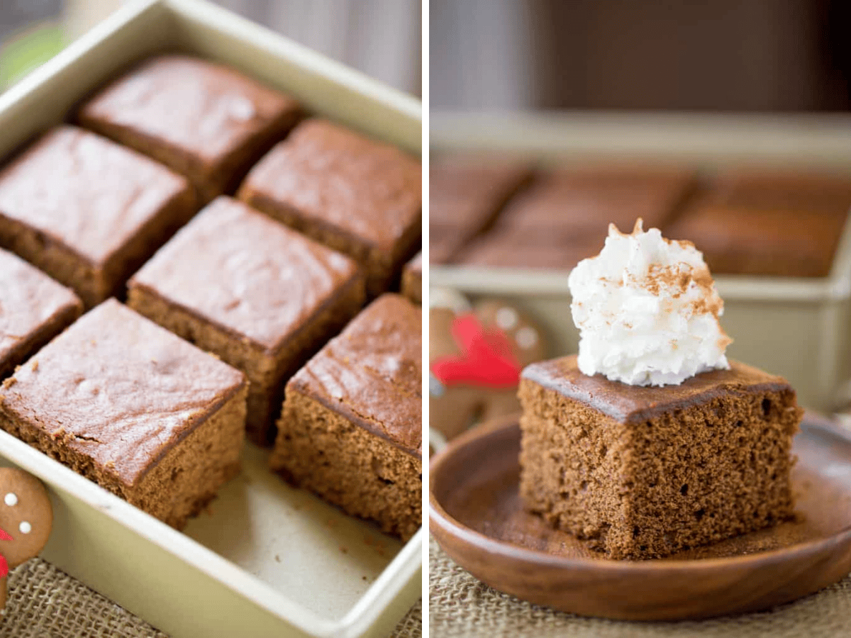 collage of cake in baking pan and served on plate