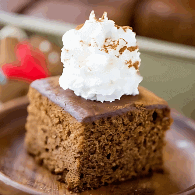 slice of gingerbread cake with whipped cream on top