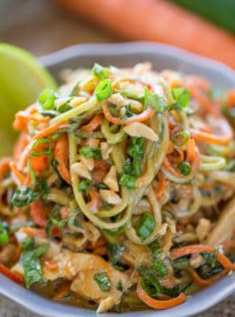 Healthy Thai Peanut Chicken Zucchini Noodles with a fresh peanut lime sauce mixed with veggie noodles makes a perfect light meal and lunch the next day!