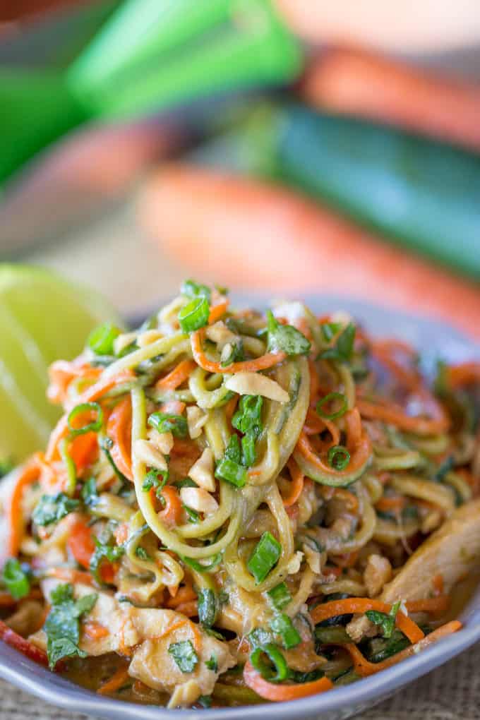 Healthy Thai Peanut Chicken Zucchini Noodles with a fresh peanut lime sauce mixed with veggie noodles makes a perfect light meal and lunch the next day!