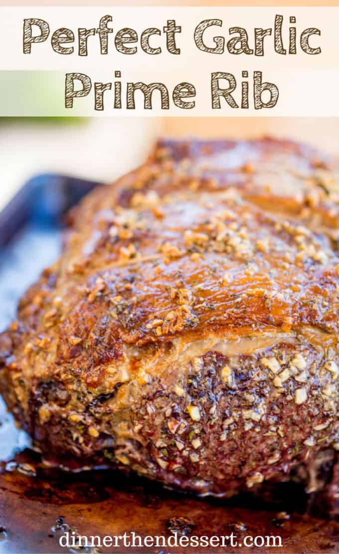 Perfect Garlic Prime Rib made with a garlic, thyme and rosemary crust is gorgeously browned on the outside and a perfect medium on the inside. Topped off with a gremolata it is the perfect show-stopping holiday/event meal!