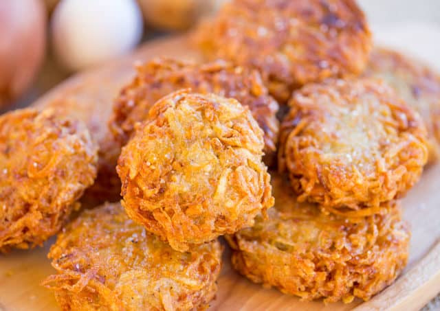 wood serving tray of Potato Latkes