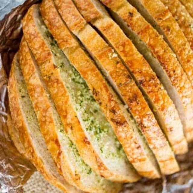 loaf of garlic bread, aerial view