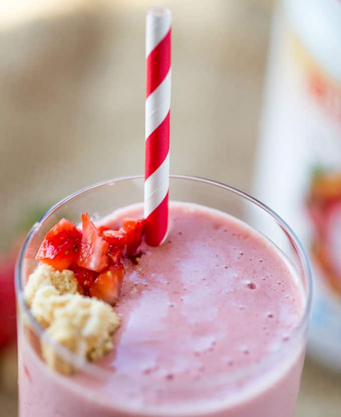 Strawberry Shortcake Smoothie made with Burt’s Bees Vanilla Protein Shake powder makes the most amazing cake-y healthy smoothie you'll want to help shake up healthier eating. 