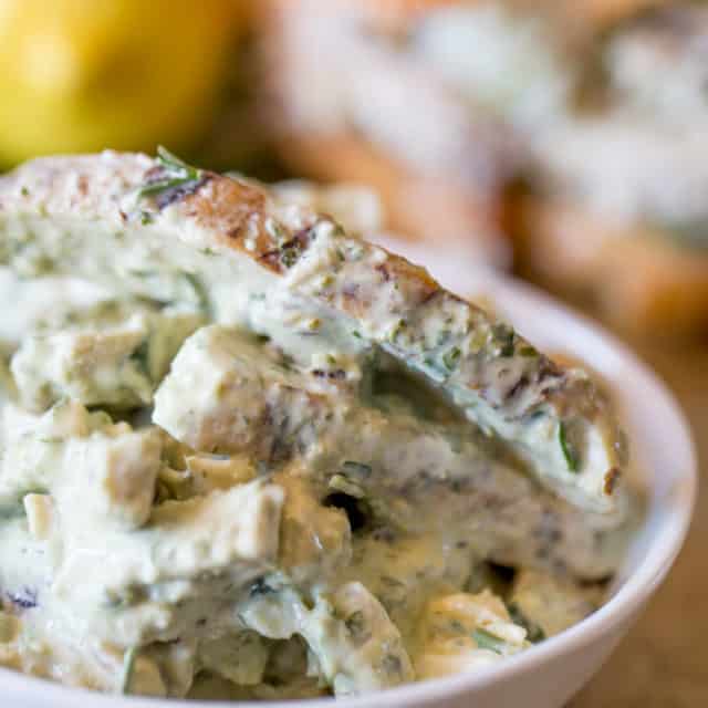 Creamy Lemon Basil Chicken Salad is the perfect lunch dish and takes just a few minutes in the food processor and some pre-cooked chicken.