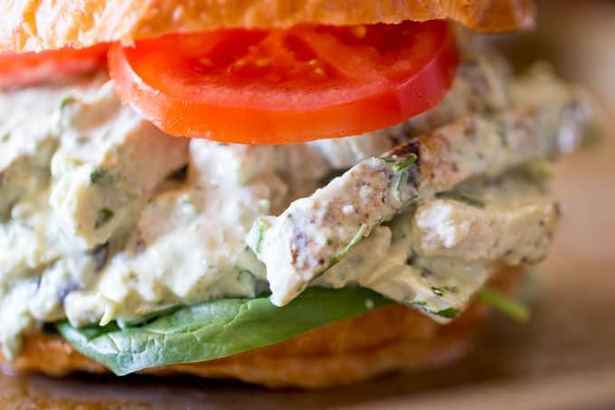 Creamy Lemon Basil Chicken Salad is the perfect lunch dish and takes just a few minutes in the food processor and some pre-cooked chicken.