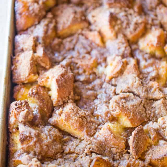 Easy French Toast Bake with no overnight chilling and all your favorite French Toast flavors you can serve to your family or a large crowd. Perfect with warm maple syrup.