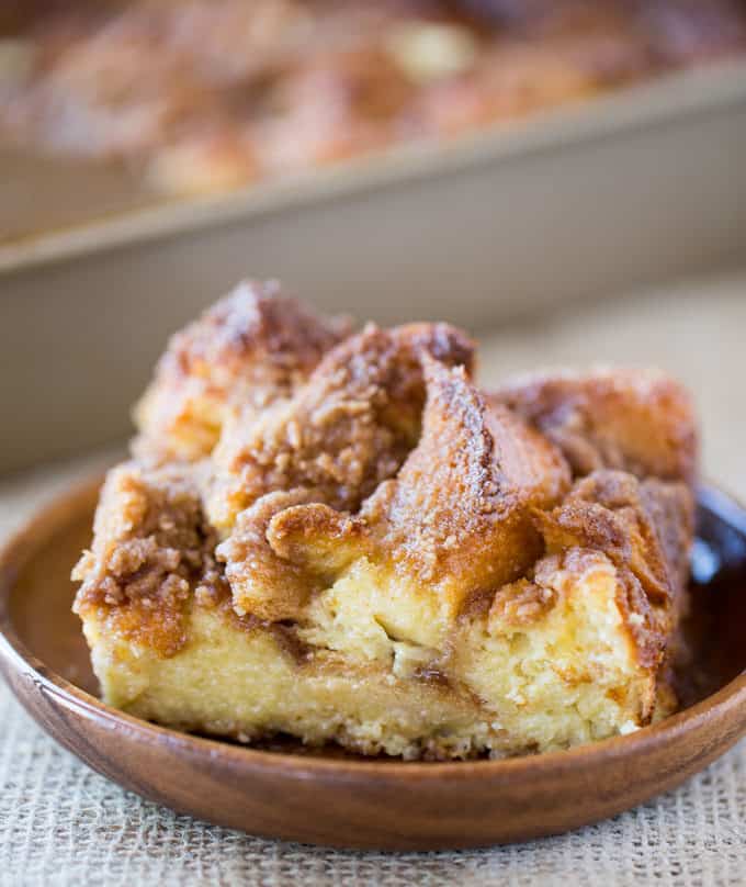 Easy French Toast Bake with no overnight chilling and all your favorite French Toast flavors you can serve to your family or a large crowd. Perfect with warm maple syrup.