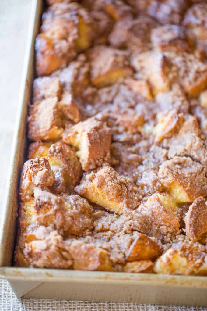 Easy French Toast Bake with no overnight chilling and all your favorite French Toast flavors you can serve to your family or a large crowd. Perfect with warm maple syrup.