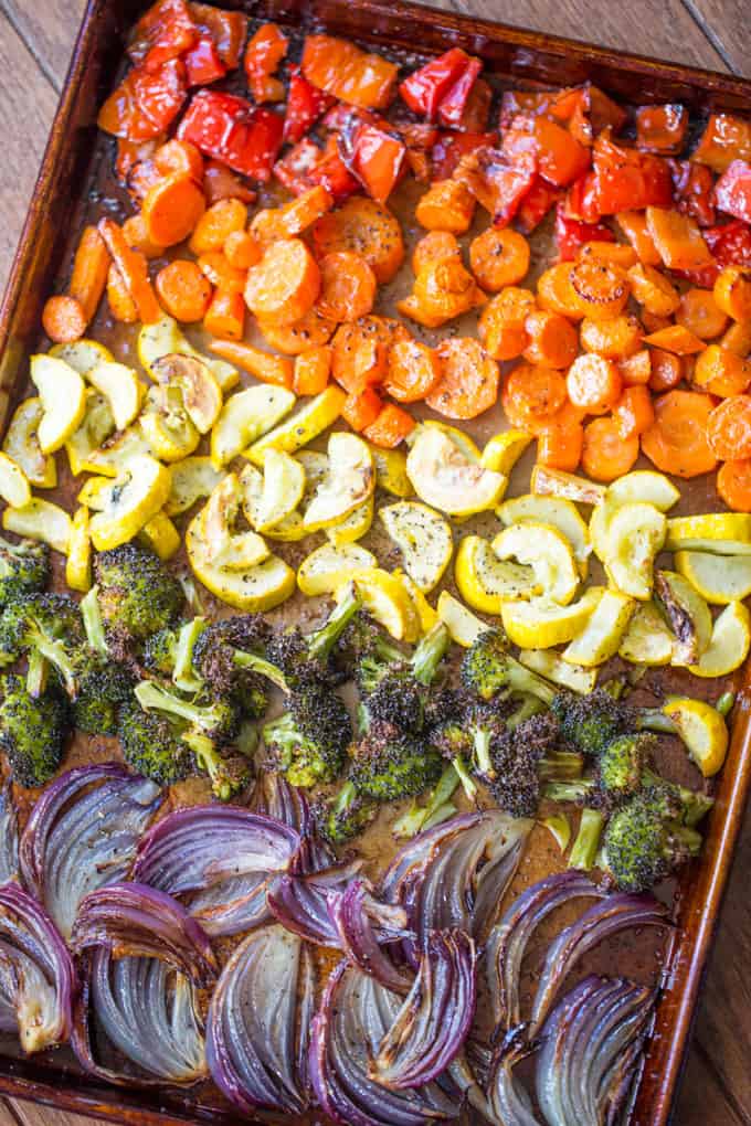 Rainbow Roasted Vegetables are the perfect way to enjoy eating healthy, colorful vegetables for adults and kids! Makes a perfect side for quick meals or dinner parties where you want to impress!