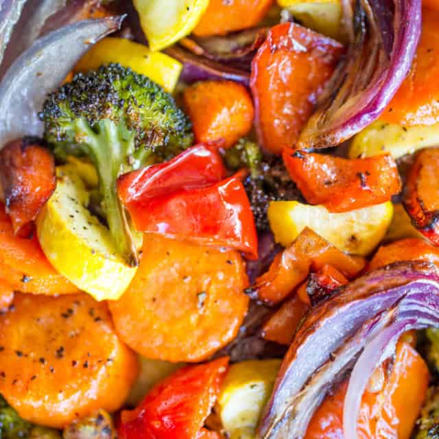 Rainbow Roasted Vegetables are the perfect way to enjoy eating healthy, colorful vegetables for adults and kids! Makes a perfect side for quick meals or dinner parties where you want to impress!