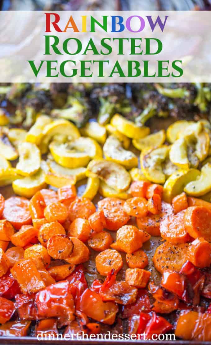 Vibrant roasted vegetables arranged in rows on a sheet pan.