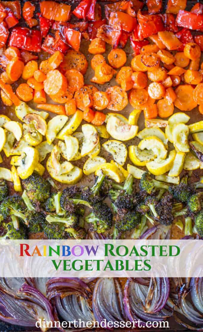 Evenly lined roasted vegetables on a baking sheet, colorful mix.