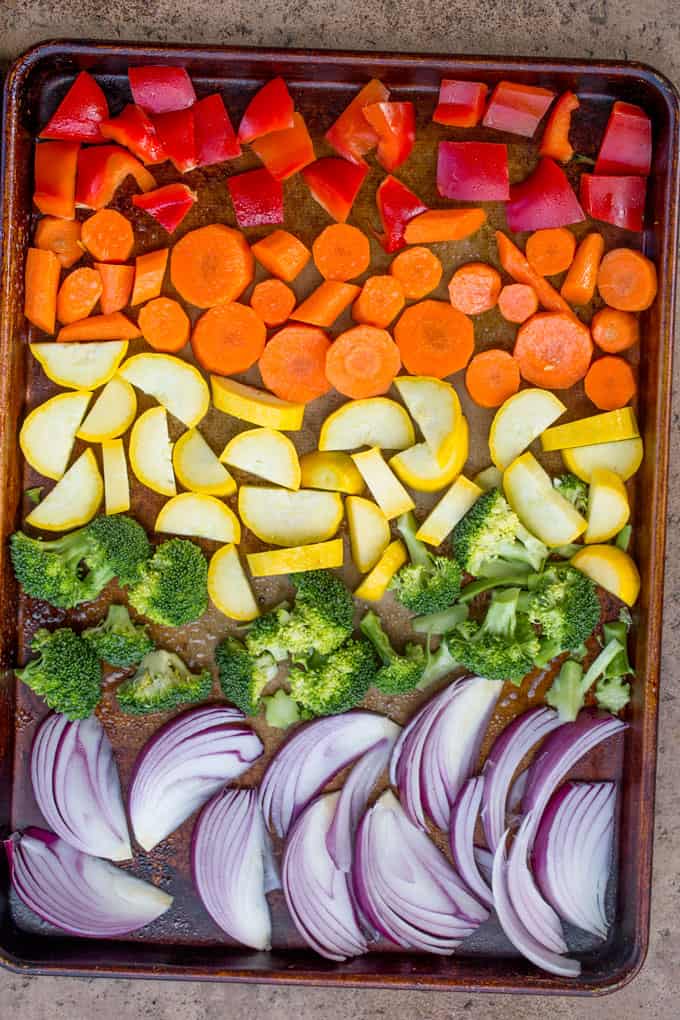 Rainbow Roasted Vegetables are the perfect way to enjoy eating healthy, colorful vegetables for adults and kids! Makes a perfect side for quick meals or dinner parties where you want to impress!