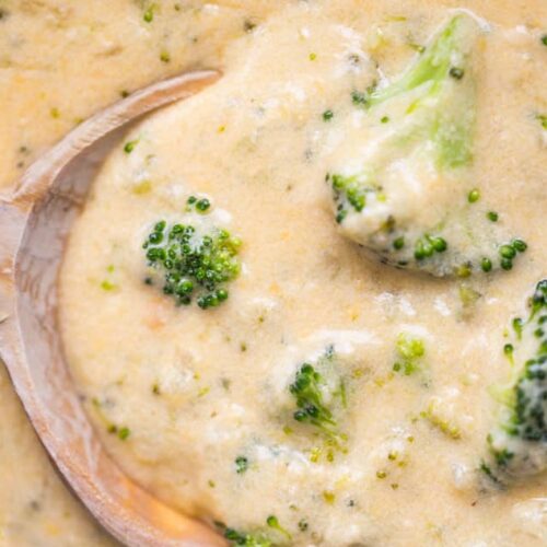 soup made in a slow cooker with cheese and broccoli