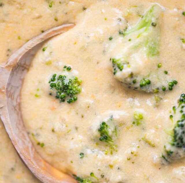 soup made in a slow cooker with cheese and broccoli