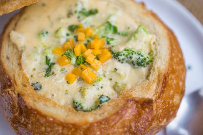 crockpot broccoli cheese soup in sourdough bread bowl