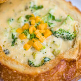 Cheesy soup in a bread bowl