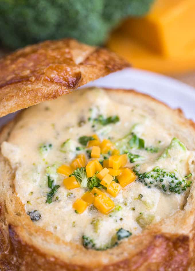 crockpot broccoli cheese soup in a bread bowl